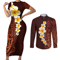 Red Tropical Plumeria With Galaxy Polynesian Art Couples Matching Short Sleeve Bodycon Dress and Long Sleeve Button Shirt - Wonder Print Shop