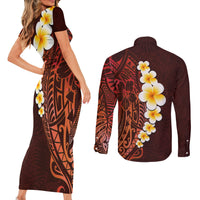 Red Tropical Plumeria With Galaxy Polynesian Art Couples Matching Short Sleeve Bodycon Dress and Long Sleeve Button Shirt - Wonder Print Shop