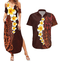 Red Tropical Plumeria With Galaxy Polynesian Art Couples Matching Summer Maxi Dress and Hawaiian Shirt - Wonder Print Shop