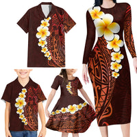 Red Tropical Plumeria With Galaxy Polynesian Art Family Matching Long Sleeve Bodycon Dress and Hawaiian Shirt - Wonder Print Shop