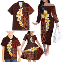 Red Tropical Plumeria With Galaxy Polynesian Art Family Matching Off Shoulder Long Sleeve Dress and Hawaiian Shirt - Wonder Print Shop