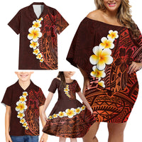 Red Tropical Plumeria With Galaxy Polynesian Art Family Matching Off Shoulder Short Dress and Hawaiian Shirt - Wonder Print Shop