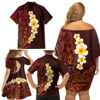 Red Tropical Plumeria With Galaxy Polynesian Art Family Matching Off Shoulder Short Dress and Hawaiian Shirt - Wonder Print Shop