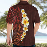 Hawaiian shirt back in dark brown with red-orange tribal artwork and vertical white plumeria