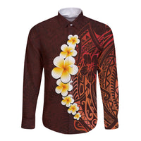 Red Tropical Plumeria With Galaxy Polynesian Art Long Sleeve Button Shirt - Wonder Print Shop