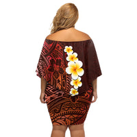 Red Tropical Plumeria With Galaxy Polynesian Art Off Shoulder Short Dress - Wonder Print Shop