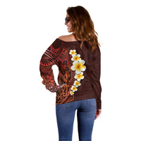 Red Tropical Plumeria With Galaxy Polynesian Art Off Shoulder Sweater - Wonder Print Shop