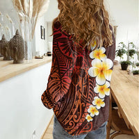 Red Tropical Plumeria With Galaxy Polynesian Art Women Casual Shirt - Wonder Print Shop