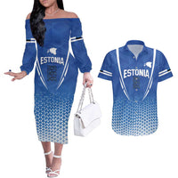 Custom Estonia Football Couples Matching Off The Shoulder Long Sleeve Dress and Hawaiian Shirt Come One Kalevipojad