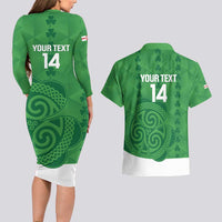 Custom Northern Ireland Couples Matching Long Sleeve Bodycon Dress and Hawaiian Shirt Go Green and White Army