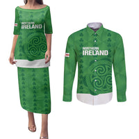 Custom Northern Ireland Couples Matching Puletasi and Long Sleeve Button Shirt Go Green and White Army