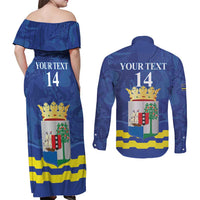 Custom Curacao Football Couples Matching Off Shoulder Maxi Dress and Long Sleeve Button Shirt La Familia Azul