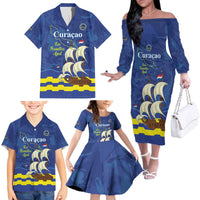 Custom Curacao Football Family Matching Off The Shoulder Long Sleeve Dress and Hawaiian Shirt La Familia Azul