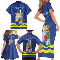 Custom Curacao Football Family Matching Short Sleeve Bodycon Dress and Hawaiian Shirt La Familia Azul
