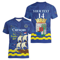 Custom Curacao Football Women V-Neck T-Shirt La Familia Azul
