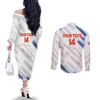 Custom Costa Rica Football Couples Matching Off The Shoulder Long Sleeve Dress and Long Sleeve Button Shirt Go Champions Los Ticos