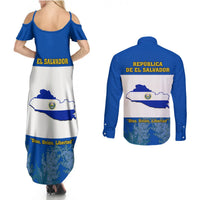 El Salvador Couples Matching Summer Maxi Dress and Long Sleeve Button Shirts Coat Of Arms Mix Flor De Izote - Wonder Print Shop
