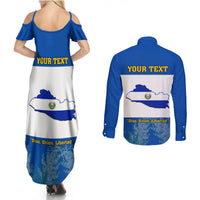 Custom El Salvador Couples Matching Summer Maxi Dress and Long Sleeve Button Shirts Coat Of Arms Mix Flor De Izote - Wonder Print Shop
