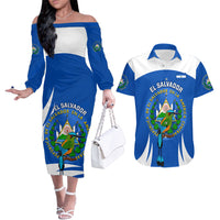 Custom El Salvador Independence Day Couples Matching Off The Shoulder Long Sleeve Dress and Hawaiian Shirt Torogoz With Coat Of Arms Proud - Wonder Print Shop