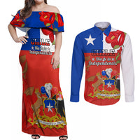 Custom Chile Independence Day Couples Matching Off Shoulder Maxi Dress and Long Sleeve Button Shirts Chilean Copihue Felices Fiestas Patrias - Wonder Print Shop