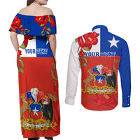 Custom Chile Independence Day Couples Matching Off Shoulder Maxi Dress and Long Sleeve Button Shirts Chilean Copihue Felices Fiestas Patrias - Wonder Print Shop