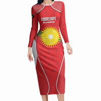 Guadeloupe Football Custom Long Sleeve Bodycon Dress Allez Les Gwada Boys Red Color