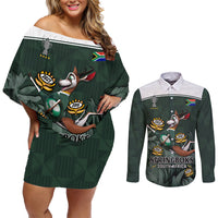 Custom South Africa Rugby Couples Matching Off Shoulder Short Dress and Long Sleeve Button Shirt Springboks 4th Champions World Cup Proud Bokke - Wonder Print Shop