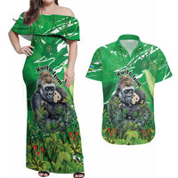 Personalized Rwanda Kwita Izina Couples Matching Off Shoulder Maxi Dress and Hawaiian Shirt Name a Gorilla - Save a Species - Wonder Print Shop
