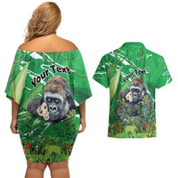 Personalized Rwanda Kwita Izina Couples Matching Off Shoulder Short Dress and Hawaiian Shirt Name a Gorilla - Save a Species - Wonder Print Shop