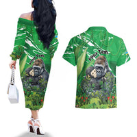 Personalized Rwanda Kwita Izina Couples Matching Off The Shoulder Long Sleeve Dress and Hawaiian Shirt Name a Gorilla - Save a Species - Wonder Print Shop