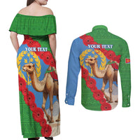 Personalised Eritrea Arabian Camel Couples Matching Off Shoulder Maxi Dress and Long Sleeve Button Shirt Gerbera Flower Flag Color - Wonder Print Shop