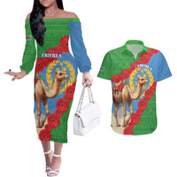 Personalised Eritrea Arabian Camel Couples Matching Off The Shoulder Long Sleeve Dress and Hawaiian Shirt Gerbera Flower Flag Color - Wonder Print Shop