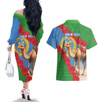 Personalised Eritrea Arabian Camel Couples Matching Off The Shoulder Long Sleeve Dress and Hawaiian Shirt Gerbera Flower Flag Color - Wonder Print Shop