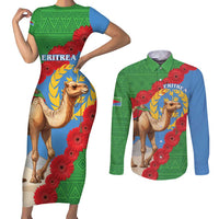 Personalised Eritrea Arabian Camel Couples Matching Short Sleeve Bodycon Dress and Long Sleeve Button Shirt Gerbera Flower Flag Color - Wonder Print Shop