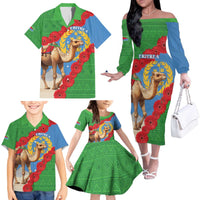 Personalised Eritrea Arabian Camel Family Matching Off The Shoulder Long Sleeve Dress and Hawaiian Shirt Gerbera Flower Flag Color - Wonder Print Shop