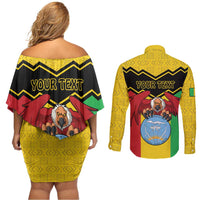 Personalised Mali Couples Matching Off Shoulder Short Dress and Long Sleeve Button Shirt Vulture With Coat Of Arms Bogolan Pattern