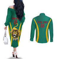 Custom Cameroon Football Couples Matching Off The Shoulder Long Sleeve Dress and Long Sleeve Button Shirt Go Indomitable Lions