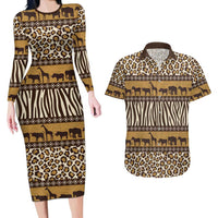 Animal Skin Mix African Pattern Couples Matching Long Sleeve Bodycon Dress and Hawaiian Shirt