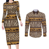 Animal Skin Mix African Pattern Couples Matching Long Sleeve Bodycon Dress and Long Sleeve Button Shirt
