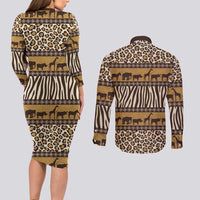 Animal Skin Mix African Pattern Couples Matching Long Sleeve Bodycon Dress and Long Sleeve Button Shirt