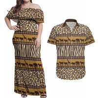 Animal Skin Mix African Pattern Couples Matching Off Shoulder Maxi Dress and Hawaiian Shirt