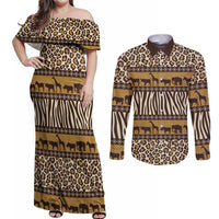 Animal Skin Mix African Pattern Couples Matching Off Shoulder Maxi Dress and Long Sleeve Button Shirt