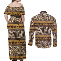 Animal Skin Mix African Pattern Couples Matching Off Shoulder Maxi Dress and Long Sleeve Button Shirt