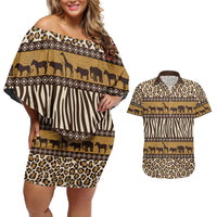 Animal Skin Mix African Pattern Couples Matching Off Shoulder Short Dress and Hawaiian Shirt