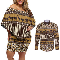 Animal Skin Mix African Pattern Couples Matching Off Shoulder Short Dress and Long Sleeve Button Shirt