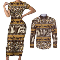 Animal Skin Mix African Pattern Couples Matching Short Sleeve Bodycon Dress and Long Sleeve Button Shirt