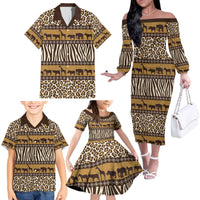 Animal Skin Mix African Pattern Family Matching Off The Shoulder Long Sleeve Dress and Hawaiian Shirt