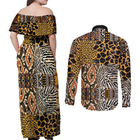 African Tribal Pattern With Wild Animal Skins Couples Matching Off Shoulder Maxi Dress and Long Sleeve Button Shirt