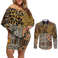 African Tribal Pattern With Wild Animal Skins Couples Matching Off Shoulder Short Dress and Long Sleeve Button Shirt