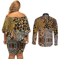 African Tribal Pattern With Wild Animal Skins Couples Matching Off Shoulder Short Dress and Long Sleeve Button Shirt